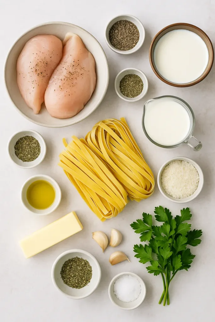 Fresh ingredients for chicken alfredo dinner ideas – chicken, pasta, cream, garlic, parmesan, parsley