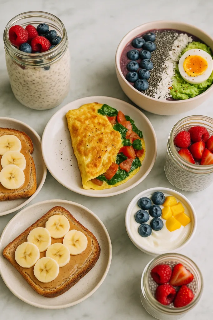 Colorful healthy breakfast ideas with smoothie bowl, avocado toast, omelet, overnight oats, and peanut butter banana toast on marble table