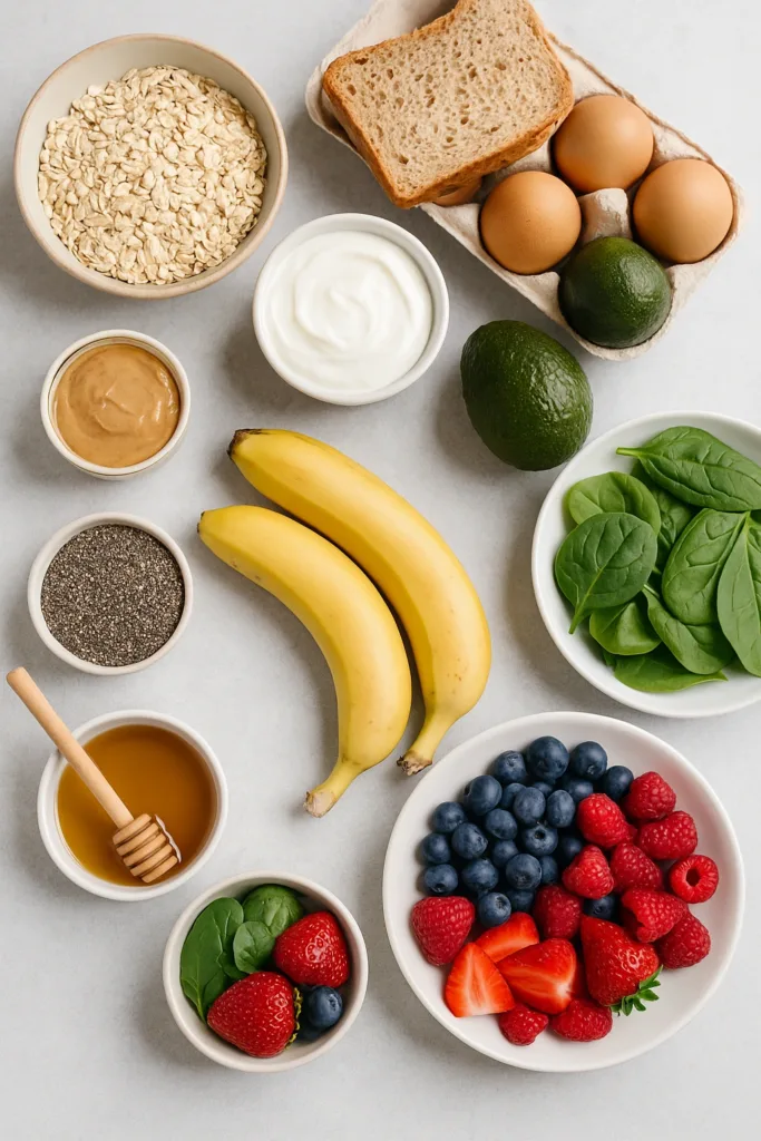 Fresh breakfast recipe ingredients including oats, yogurt, bananas, avocados, spinach, berries, and honey arranged on a light surface