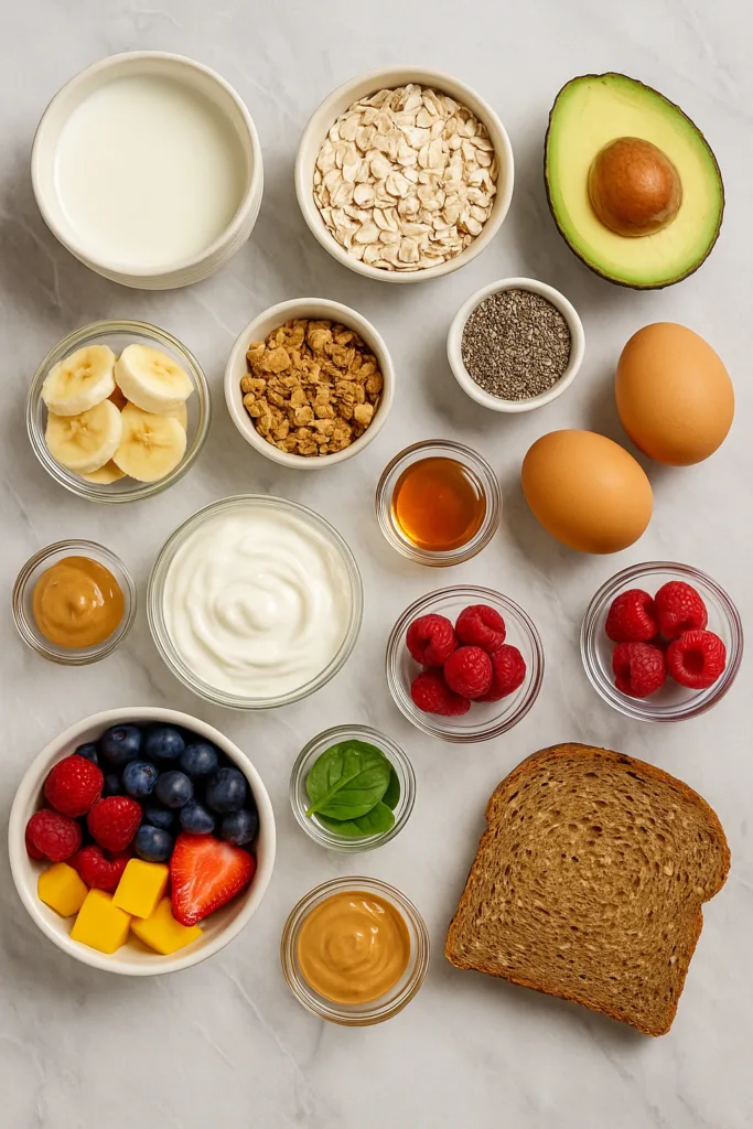 Healthy breakfast ingredients including oats, milk, avocado, eggs, berries, yogurt, granola, and peanut butter on marble counter