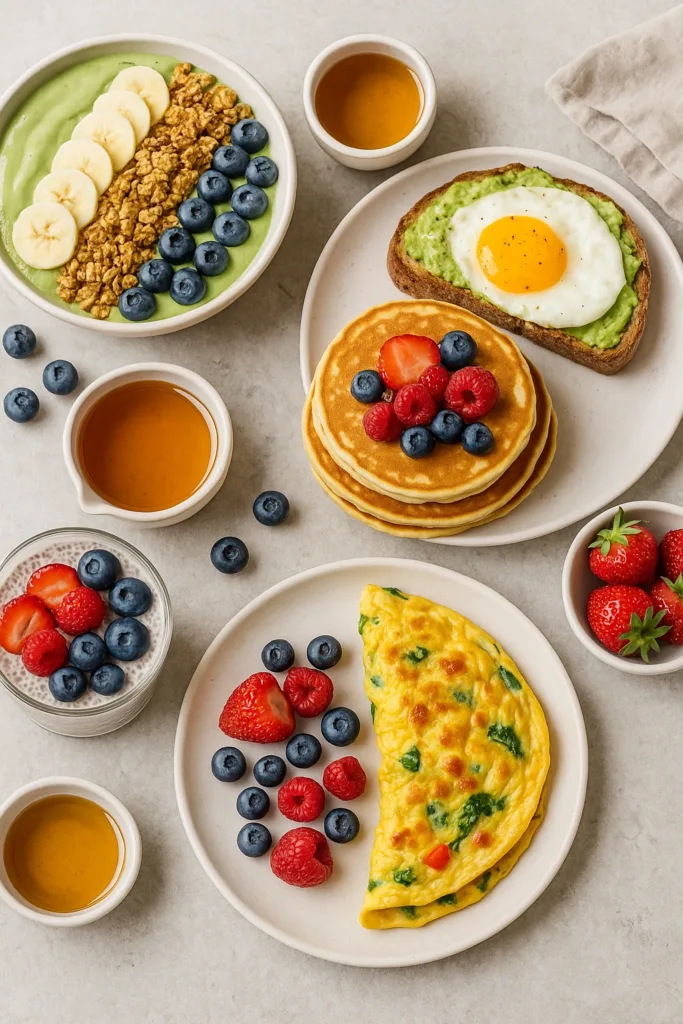 Beautiful serving of healthy breakfast recipes including smoothie bowl, avocado toast with egg, berry pancakes, chia pudding, and veggie omelet