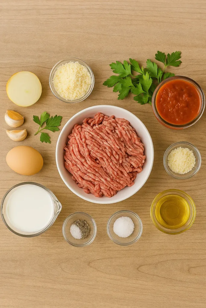 Vertical layout of fresh ingredients for homemade meatball recipes on a wooden surface, featuring ground beef, marinara, garlic, onion, milk, egg, cheese, parsley, and olive oil.