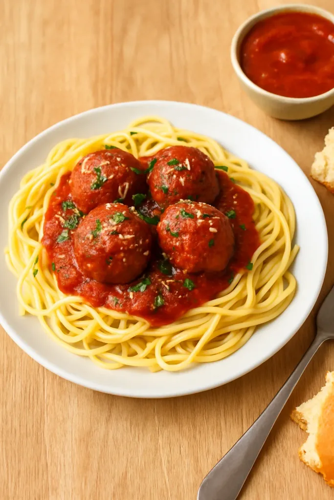 Plate of spaghetti topped with juicy marinara-coated meatballs, garnished with Parmesan and parsley, served with bread and extra sauce on the side.