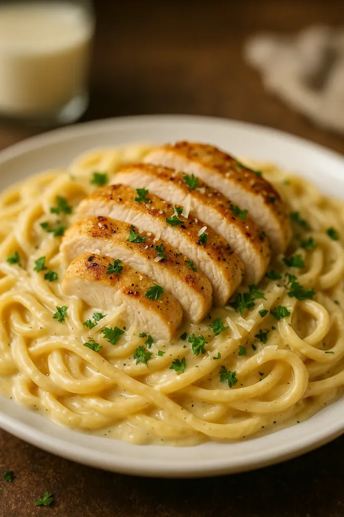 close-up of creamy chicken alfredo pasta with parmesan, parsley, and blurred background for dinner ideas